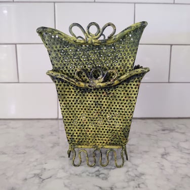 Vintage 4 1/2" Green/Yellow Decorative Metal Baskets Containers Organizers Home Décor Office Décor 