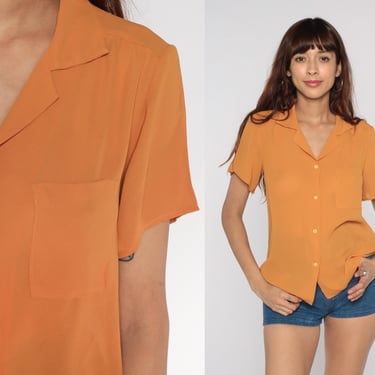 Burnt Orange Shirt 80s Semi-Sheer Button Up Blouse Short Sleeve Top Collared Retro Plain Simple Basic Preppy Vintage 1980s Medium 