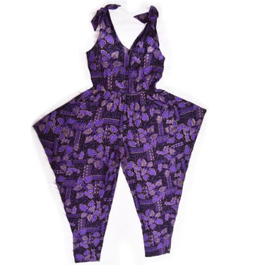 1980's Purple Romper Pantsuit Jumpsuit Beach cover, Tie shoulder Print Sun dress Vintage 