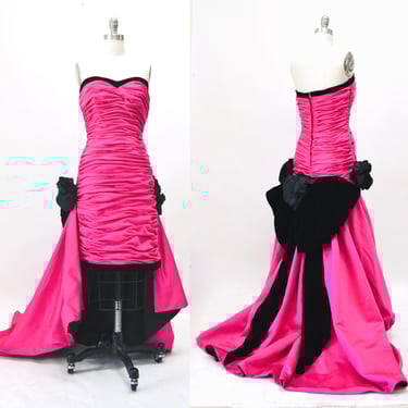 80s Vintage Pink Black Strapless Dress XS Small Victor Costa// 80s 90s Vintage Prom Cocktail Party Dress Evening Gown Pink Barbie Costume 