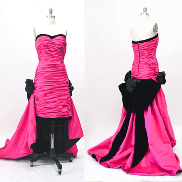 80s Vintage Pink Black Strapless Dress XS Small Victor Costa// 80s 90s Vintage Prom Cocktail Party Dress Evening Gown Pink Barbie Costume 