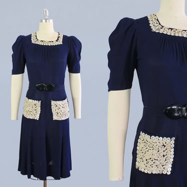 1940s Dress / 40s Navy Rayon Crepe Day Dress / Crewelwork Embroidery and MOP Button Details / POCKETS 