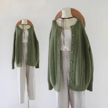 chunky basil cable cardigan - vintage 90s y2k green cable knit long sleeve sweater fall soft acrylic 