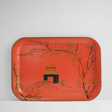 Vintage Metal Tray in Coral Pink Orange with Pagoda and Cherry Blossom Design 