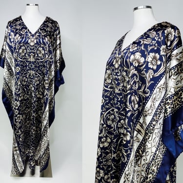 1980s Silver & Blue Floral and Leopard Print Kaftan Dress O/S | Vintage, Muumuu, Caftan, Pool, Lounge, Comfy Dress 