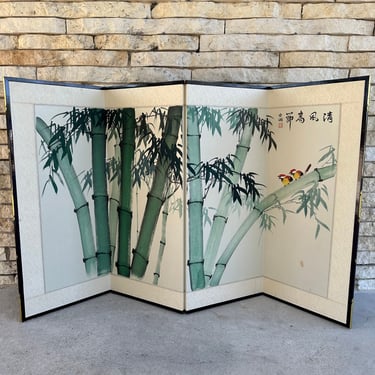 Vintage Japanese Painted Folding Screen with Bamboo and Birds Design 