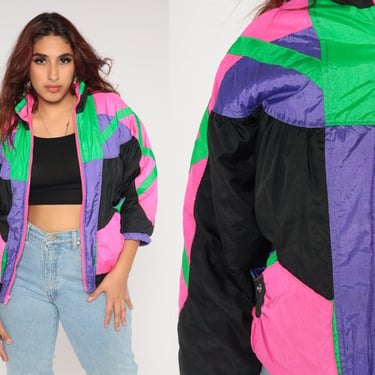 Color Block Windbreaker Jacket 80s 90s Black Purple Green Red