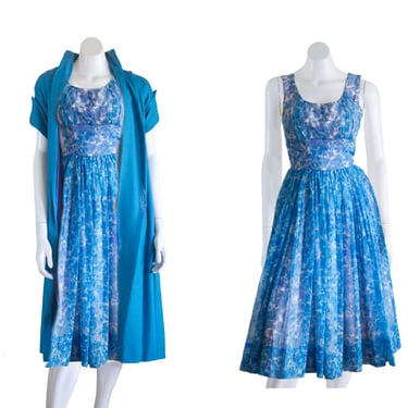 1960s blue floral chiffon fit and flare dress with jacket 