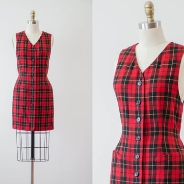 red plaid wool dress | 80s 90s vintage Herman Geist dark academia button down short tartan plaid mini dress pinafore 