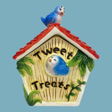 Vintage Cookie Jar Retro 1970s Mid Century Modern + Tweet Treats + Bird House + Blue Birds + Ceramic + Kitchen Storage + Home Decor 