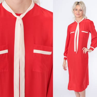 Red Silk Dress 80s Necktie Dress Long Sleeve Midi Dress Shift White Trim Retro Secretary Ascot Neck Tie Vintage 1980s Saint Pierre Small S 6 