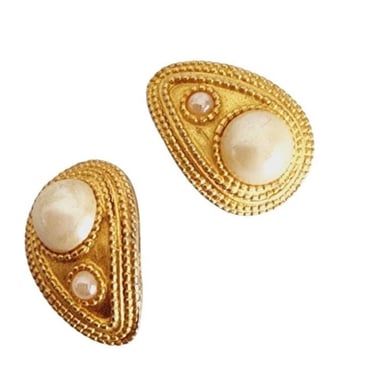 Vintage 80s Oscar de la Renta Earrings Clips Gold & Pearl 