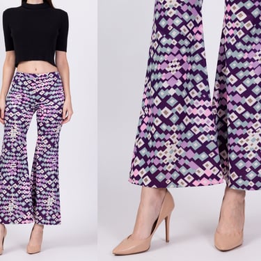 70s Psychedelic Geometric Pants - Extra Small | Vintage High Waisted Retro Flared Boho Trousers 
