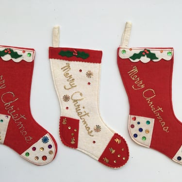 Vintage Felt Christmas Stocking Trio, Hand Made Small Stockings, Christmas Fireplace, Vintage, Apartment Decor 