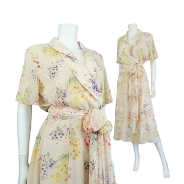 Vintage Silk Dress, Large / 1940s Style Floral Dress / Flutter Sleeve Day Dress / Dreamy 90s Garden Dress / Romantic Cottagecore Dress 