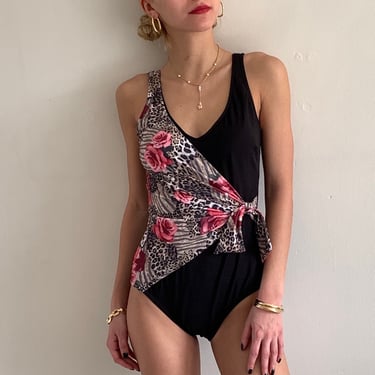 90s wrap colorblock bathing suit / vintage black animal print plunging wrap front / high cut leg one piece swimsuit | Small 