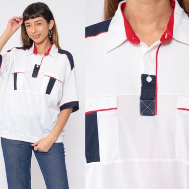 80s Polo Shirt White Striped Collared T-Shirt Red Blue Color Block Short Sleeve Banded Hem Button Up Chest Pocket Top 1980s Vintage 2xl xxl 