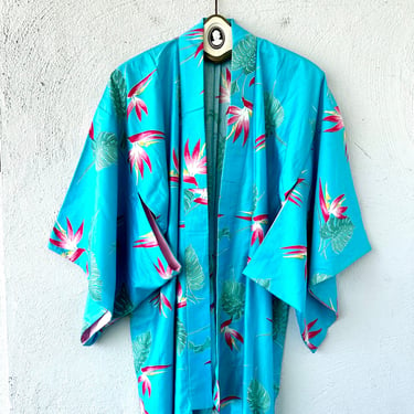 Vintage Japanese Hawaii Floral Kimono // Blue Tropical Long Duster Cardigan Asian Robe 