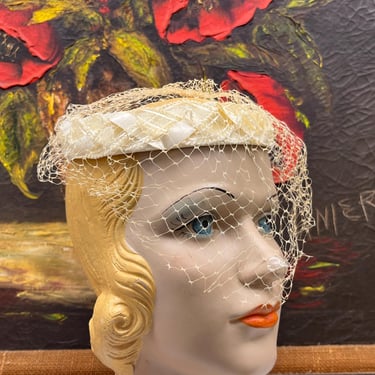 cream net fascinator veil 1950s ivory netted cap hat 