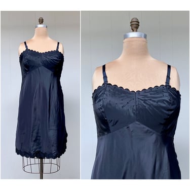 Vintage 1950s Black Barbizon Candie Full Slip Scalloped, Embroidered Tafredda Fabric Dress Slip, 50s Volup Lingerie, Size XL 42