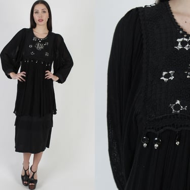 90s Gothic Gypsy Ethnic Sequin Dress, Crochet Mesh Layered Festival Maxi 
