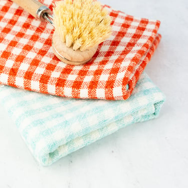 Linen Check Tea Towels - Vermilion &amp; Bleu Celeste