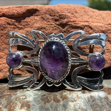 Vintage Mexico Silver and Purple Amethyst Stone Large Brooch / Pin 