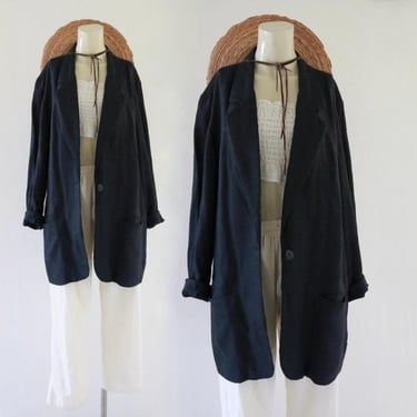 woven black jacket - l tall - vintage 90s 1990s womens blazer sport coat light long sleeve classic academia library coat 