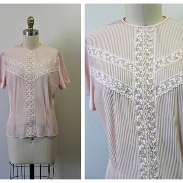Vintage 1950s Light Pink Jami Originals Sheer Nylon Button Back Blouse short sleeve Shirt top pinup  // Modern Size US Med / Large 