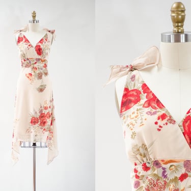 cute cottagecore dress | 90s y2k vintage beige red floral chiffon romantic bowtie strap flowy kerchief hem dress 