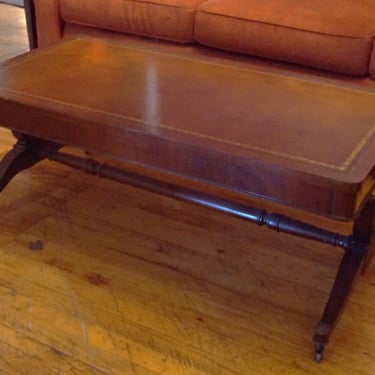 Leather Top Coffee Table w Floral Trim and Harp Legs