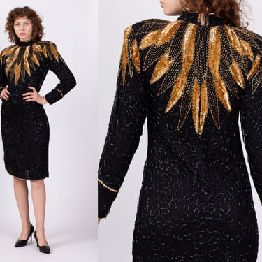 80s Does 20s Silk Sequin Beaded Dress, As Is - Small to Medium | Vintage Black Gold Soutache Long Sleeve Midi 