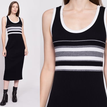 90s Black & White Striped Knit Midi Dress - Large | Vintage Sleeveless Ringer Stretchy Bodycon Dress 