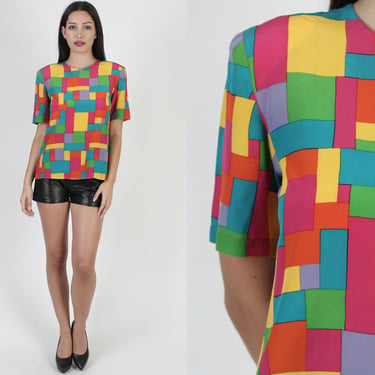 Vintage 80s ColorBlock Silk Blouse, 1980 Colorful Mosaic Top, Bright Office Dress Top 