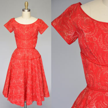 vintage 1950s red embroidered fit and flare dress holiday XS 