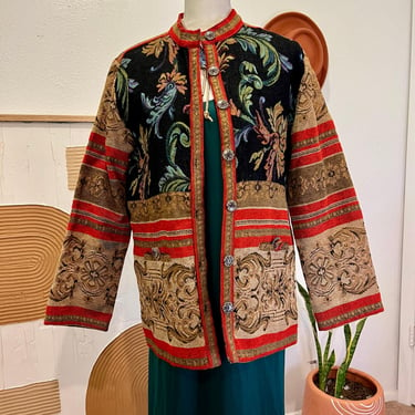 Vintage 90s Sag Harbor Red Tapestry Button Front House Coat Jacket - M 