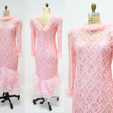 80s Vintage Pink Sequin Feather Dress Gown Pat Richards Medium// 80s 90s Vintage Pink Prom Barbie Bridesmaid Party Dress Gown Pink Princess 