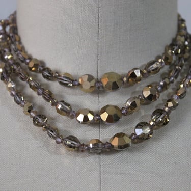 Vintage Mid Century Gold Foil Metallic Crystal / 3 Strand Choker Necklace / Triple Necklace 