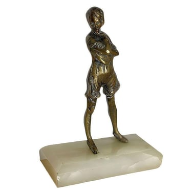 6" Tall Art Deco Nude Female Flapper Bronze Scupture on Green Onyx Base 