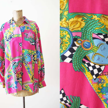 90s Checkerboard Harlequin Clown Button Up M - Vintage 1990s Colorful Bright Pink Loud Long Sleeve Blouse 
