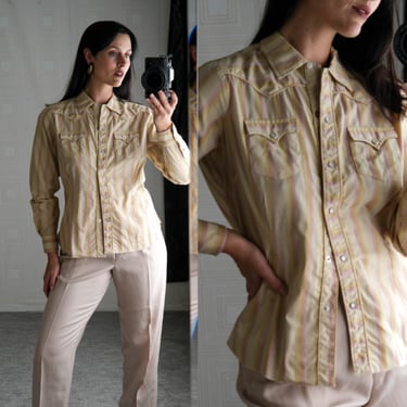 Vintage 60s TEAR RIDGE Light Pink & Tan Stripe Western Pearl Snap Shirt w/ Piped Trim | Made in USA | 1960s Designer Cowgirl Snap Shirt 