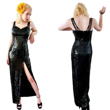 Vintage 90s Evening Dress in Black Sequins w/Spaghetti Straps Niteline Della Roufagoli 