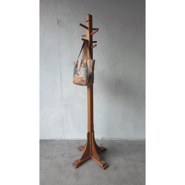 Antique Oak Standing Coat Rack Hall Tree 