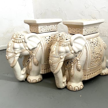 Pair of Large Vintage Ceramic Elephant Stands | Ceramic Elephant Tables | Elephant Statue | White Elephant Garden Stool | Plant Stands 