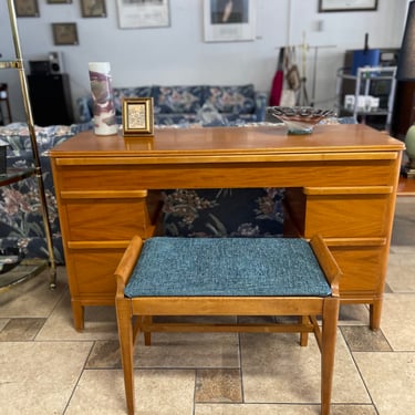 Mid Century Maple Vanity with Bench & Mirror