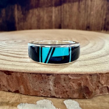 DEEP HENDRIX ZUNI Mens Micro Inlay Ring | Sterling Silver Turquoise Jet | Handmade Native American, Southwestern Jewelry | Size 12 