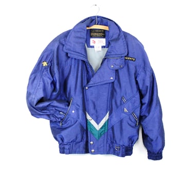 90s DESCENTE Ski Jacket, tapered waist, shoulder pads, blue / purple, chevron center detail - L 