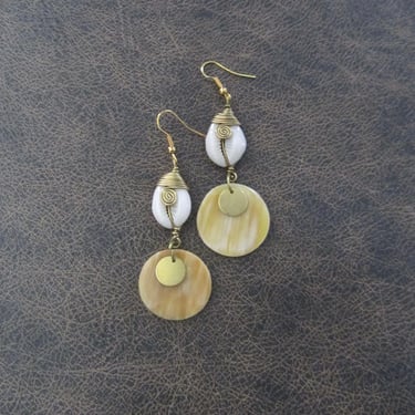 Cowrie shell and natural carved bone exotic earrings 