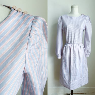 Vintage 1980s Blue & Pink Candy Striped Dress / M 