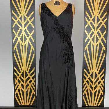 1990s slip dress, sleeveless black satin, vintage 90s dress, minimalist style, 3d appliqué flowers, crinkle, small medium, John Rocha 